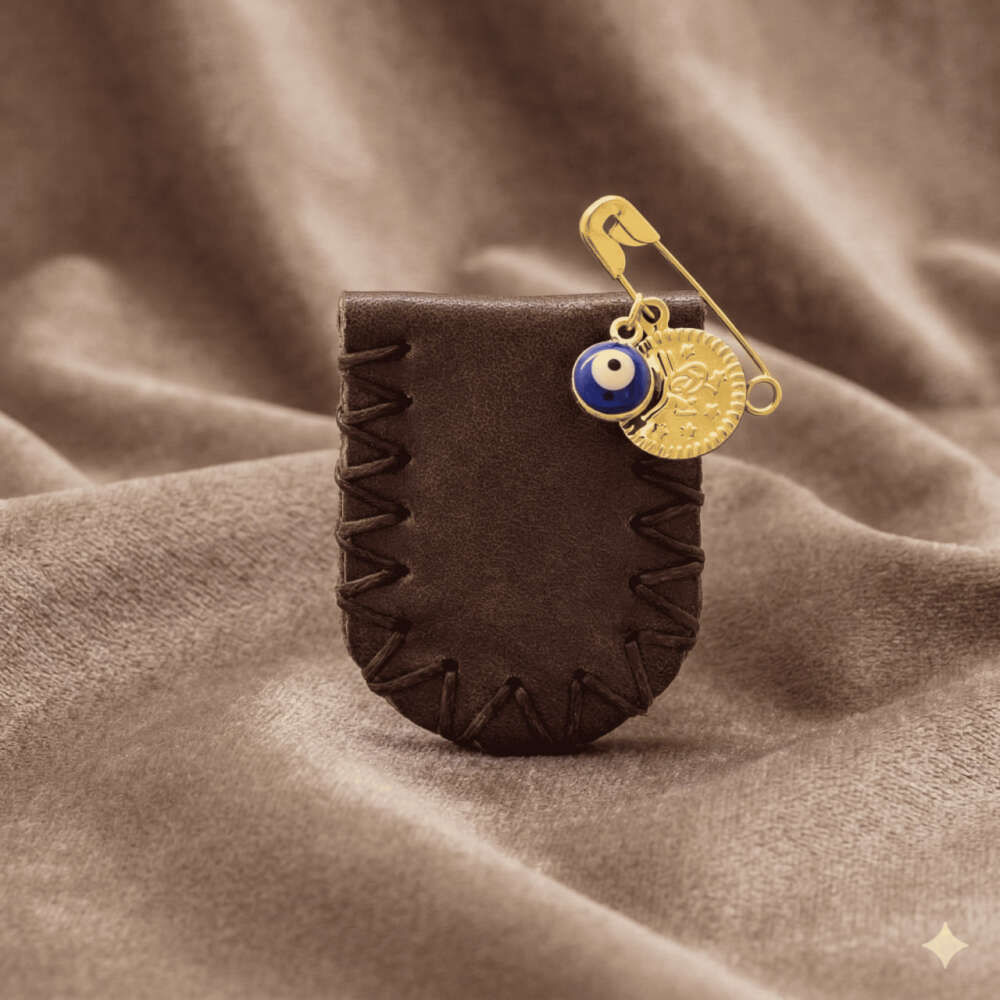 Çocuk Cevşen - İsme Özel Yazılı - Haki Renk - Gerçek Deriden El Yapımı - Gold Renk Yaka İğneli - 3