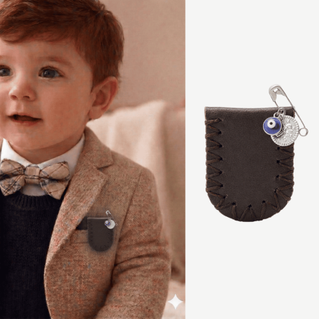 Çocuk Cevşen - İsme Özel Yazılı - Haki Renk - Gerçek Deriden El Yapımı - Gümüş Renk Yaka İğneli - Tesbihane