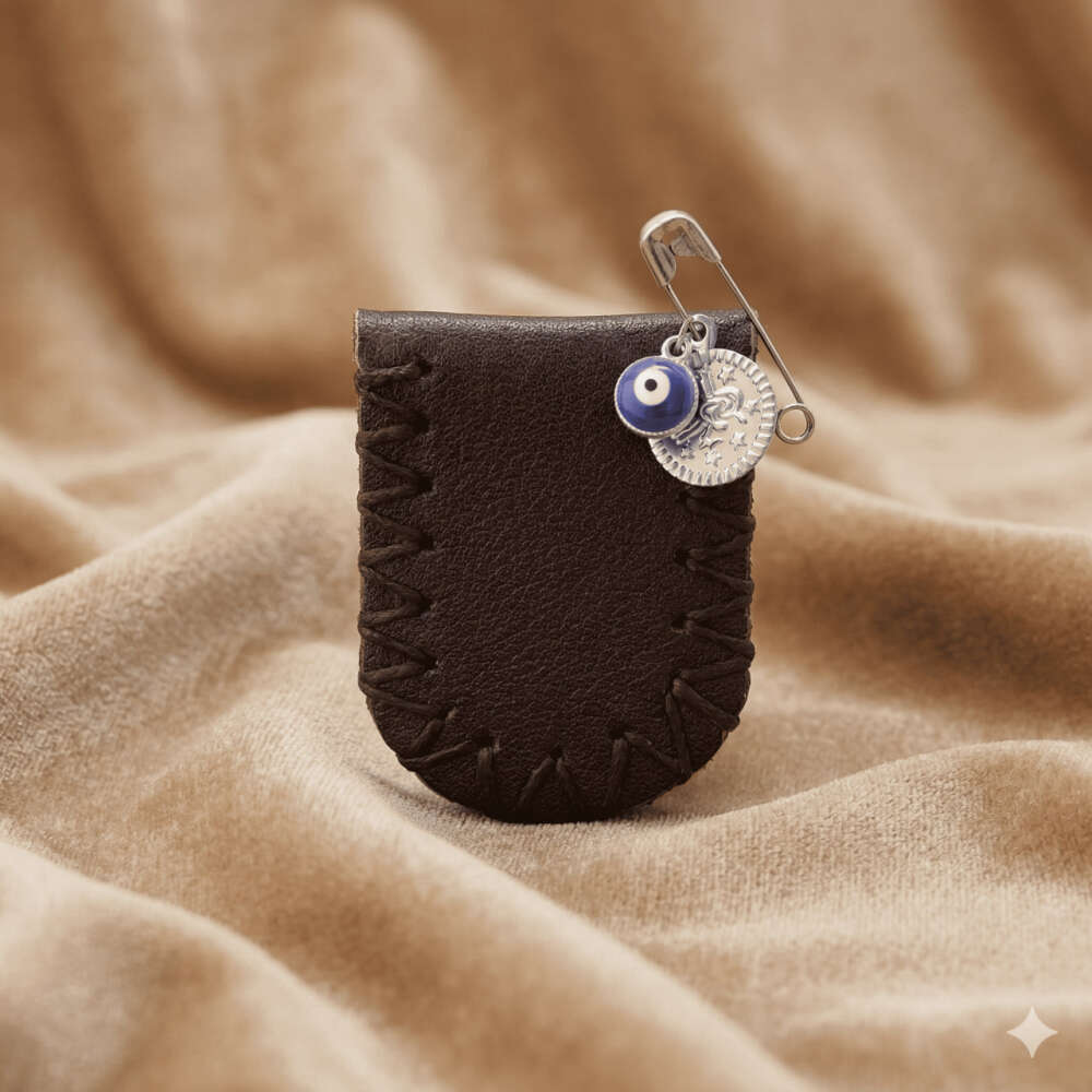 Çocuk Cevşen - İsme Özel Yazılı - Haki Renk - Gerçek Deriden El Yapımı - Gümüş Renk Yaka İğneli - 3