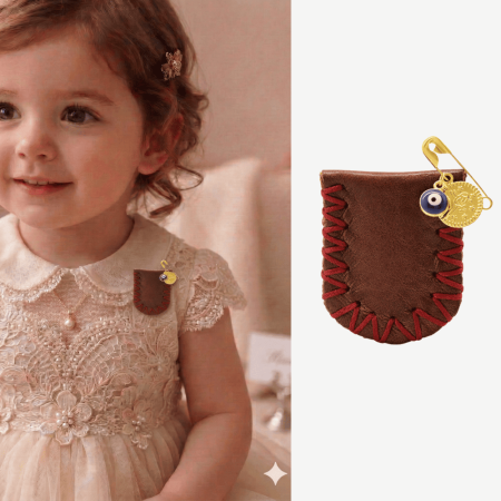 Çocuk Cevşen - İsme Özel Yazılı - Kahverengi - Gerçek Deriden El Yapımı - Gold Renk Yaka İğneli - Tesbihane