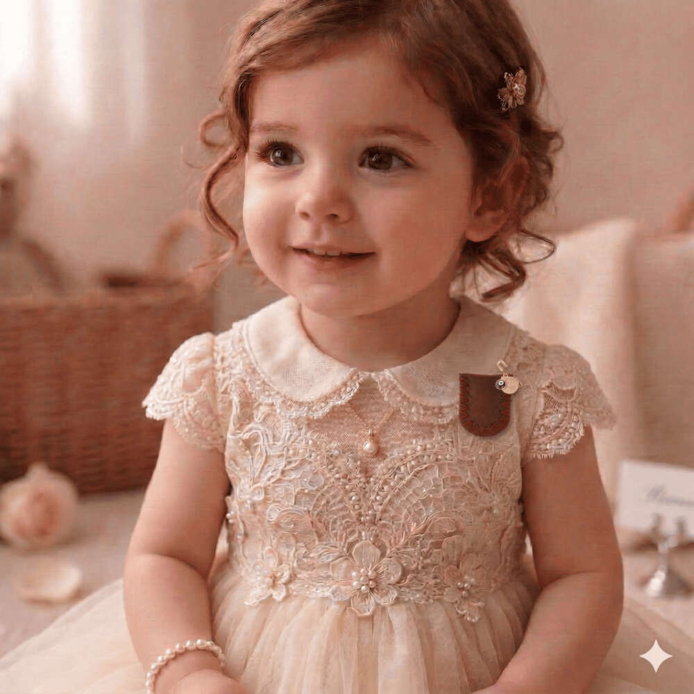 Çocuk Cevşen - İsme Özel Yazılı - Kahverengi - Gerçek Deriden El Yapımı - Gold Renk Yaka İğneli - 2