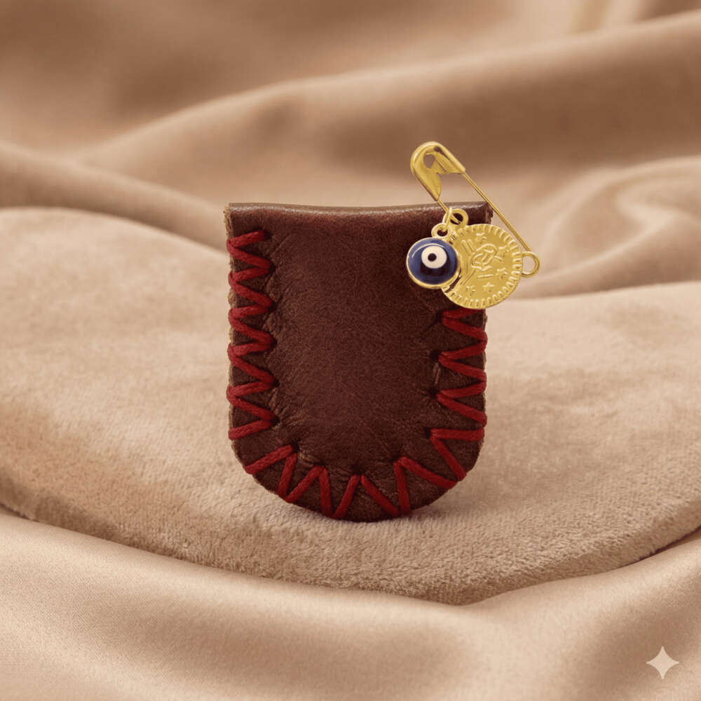 Çocuk Cevşen - İsme Özel Yazılı - Kahverengi - Gerçek Deriden El Yapımı - Gold Renk Yaka İğneli - 3