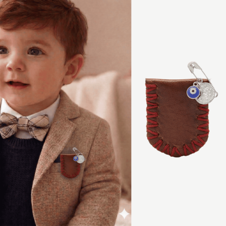 Çocuk Cevşen - İsme Özel Yazılı - Kahverengi - Gerçek Deriden El Yapımı - Gümüş Renk Yaka İğneli - Tesbihane