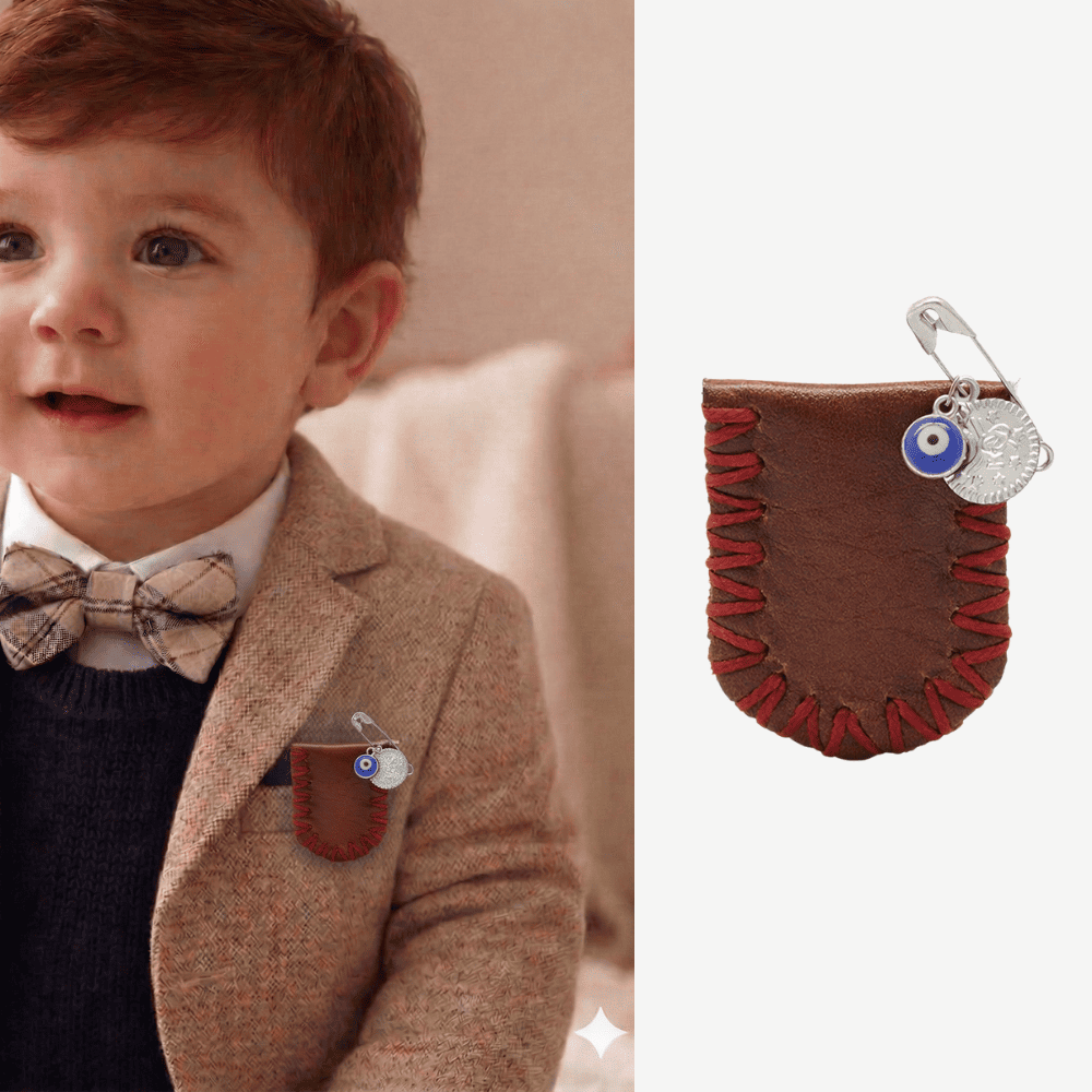 Çocuk Cevşen - İsme Özel Yazılı - Kahverengi - Gerçek Deriden El Yapımı - Gümüş Renk Yaka İğneli - 1