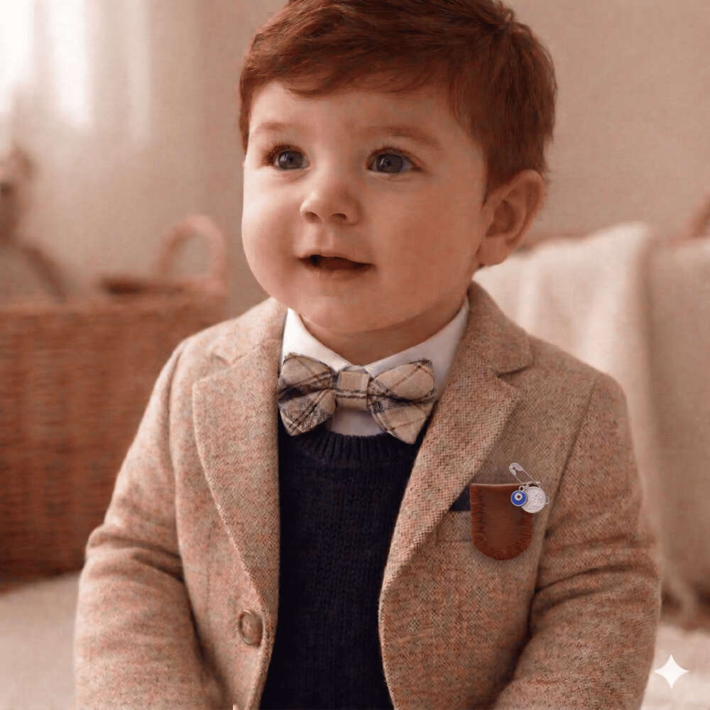 Çocuk Cevşen - İsme Özel Yazılı - Kahverengi - Gerçek Deriden El Yapımı - Gümüş Renk Yaka İğneli - 2