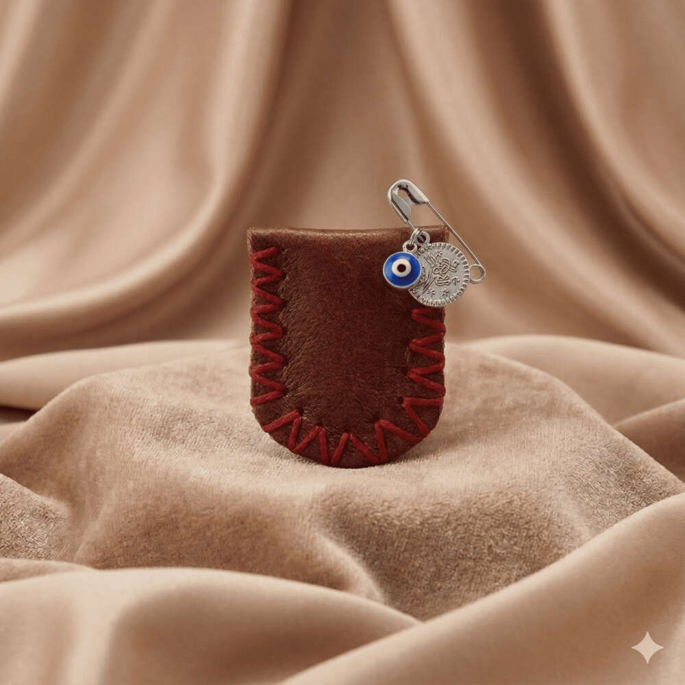 Çocuk Cevşen - İsme Özel Yazılı - Kahverengi - Gerçek Deriden El Yapımı - Gümüş Renk Yaka İğneli - 3