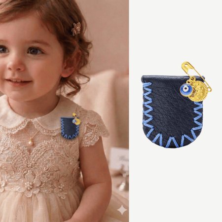 Çocuk Cevşen - İsme Özel Yazılı - Lacivert Renk - Gerçek Deriden El Yapımı - Gold Renk Yaka İğneli - Tesbihane