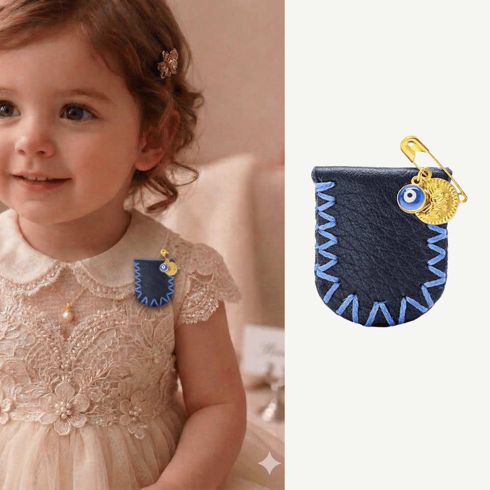 Çocuk Cevşen - İsme Özel Yazılı - Lacivert Renk - Gerçek Deriden El Yapımı - Gold Renk Yaka İğneli - 1