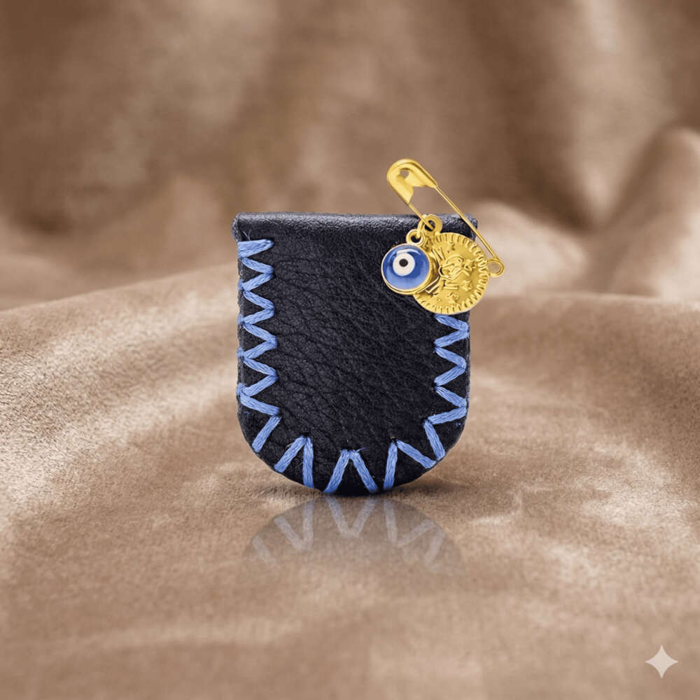 Çocuk Cevşen - İsme Özel Yazılı - Lacivert Renk - Gerçek Deriden El Yapımı - Gold Renk Yaka İğneli - 3