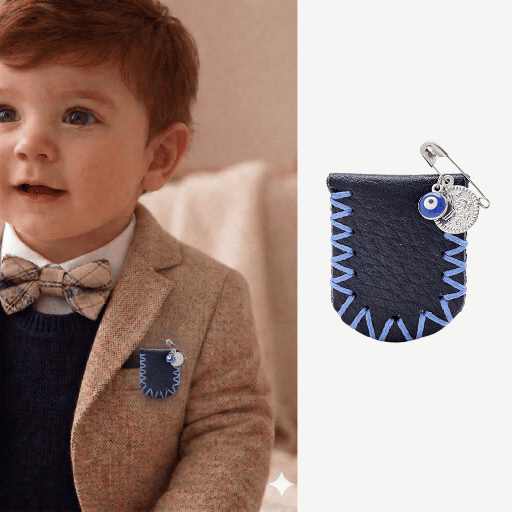 Çocuk Cevşen - İsme Özel Yazılı - Lacivert Renk - Gerçek Deriden El Yapımı - Gümüş Renk Yaka İğneli - 1