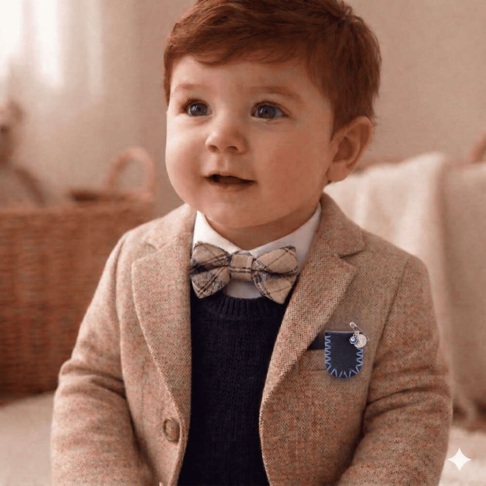 Çocuk Cevşen - İsme Özel Yazılı - Lacivert Renk - Gerçek Deriden El Yapımı - Gümüş Renk Yaka İğneli - 2