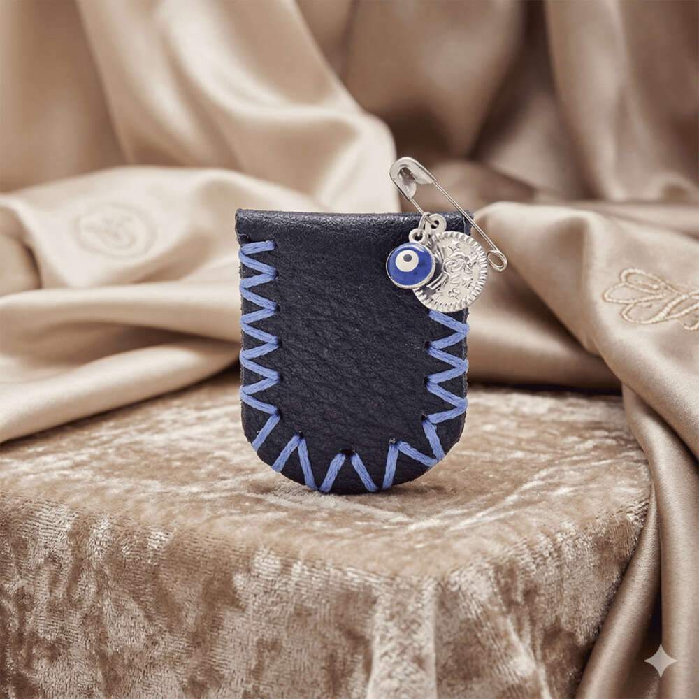 Çocuk Cevşen - İsme Özel Yazılı - Lacivert Renk - Gerçek Deriden El Yapımı - Gümüş Renk Yaka İğneli - 3