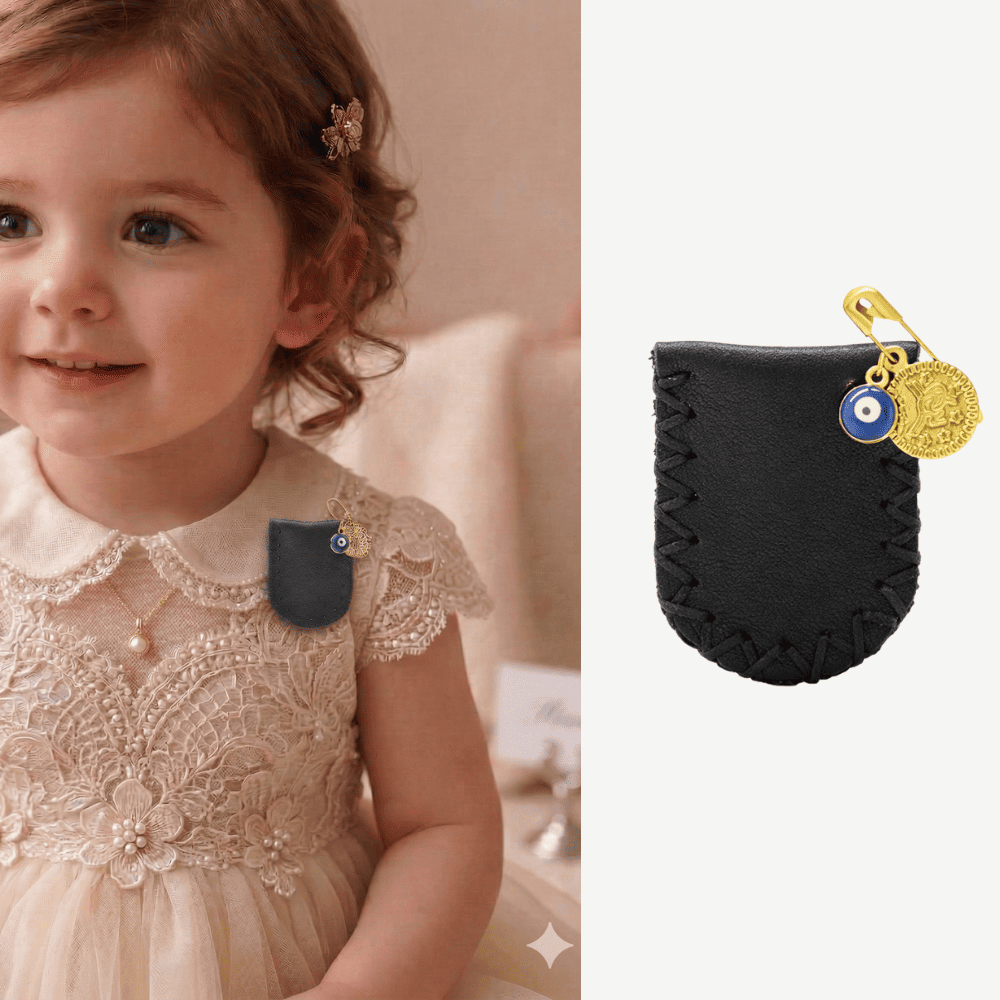 Çocuk Cevşen - İsme Özel Yazılı - Siyah Renk - Gerçek Deriden El Yapımı - Gold Renk Yaka İğneli - 1