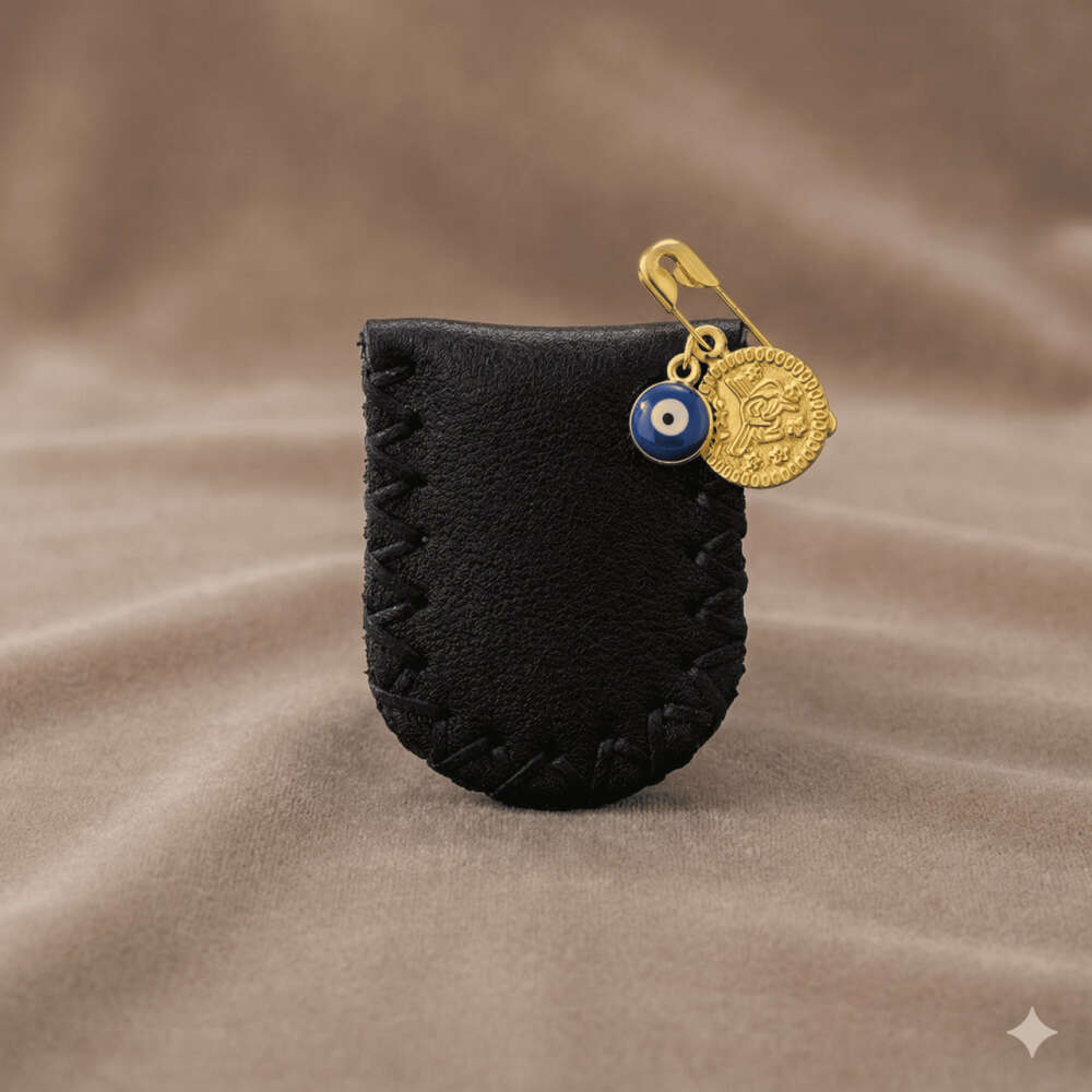 Çocuk Cevşen - İsme Özel Yazılı - Siyah Renk - Gerçek Deriden El Yapımı - Gold Renk Yaka İğneli - 3