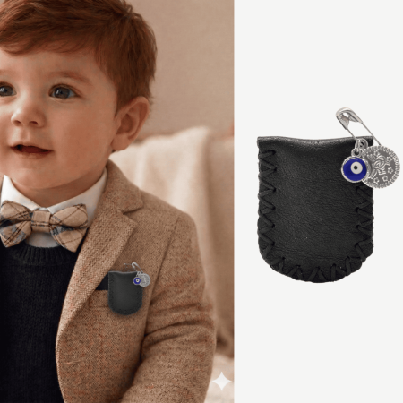 Çocuk Cevşen - İsme Özel Yazılı - Siyah Renk - Gerçek Deriden El Yapımı - Gümüş Renk Yaka İğneli - Tesbihane