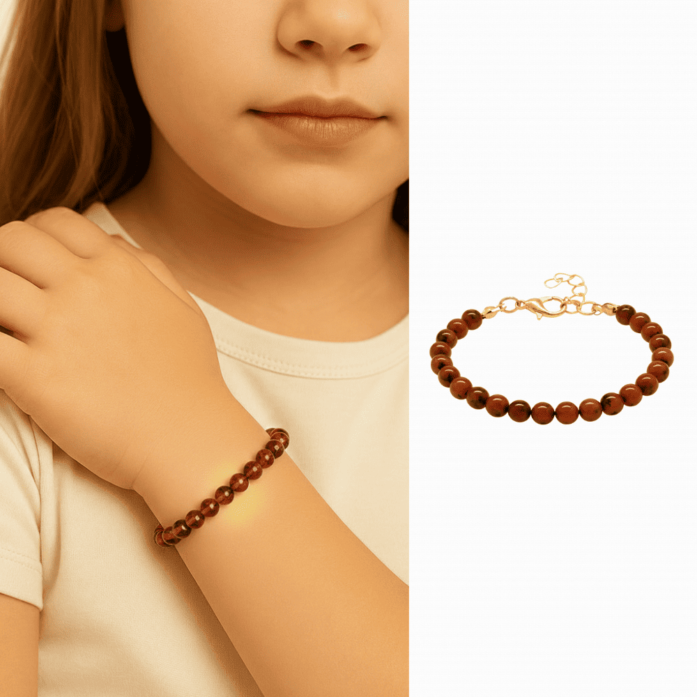 Çocuk Doğal Damla Kehribar Bileklik - Bal Rengi - Küre Kesim - Çelik Zincirli - 1