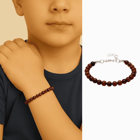 Çocuk Doğal Damla Kehribar Bileklik - Koyu Kırmızı - Küre Kesim - Çelik Zincirli - Tesbihane