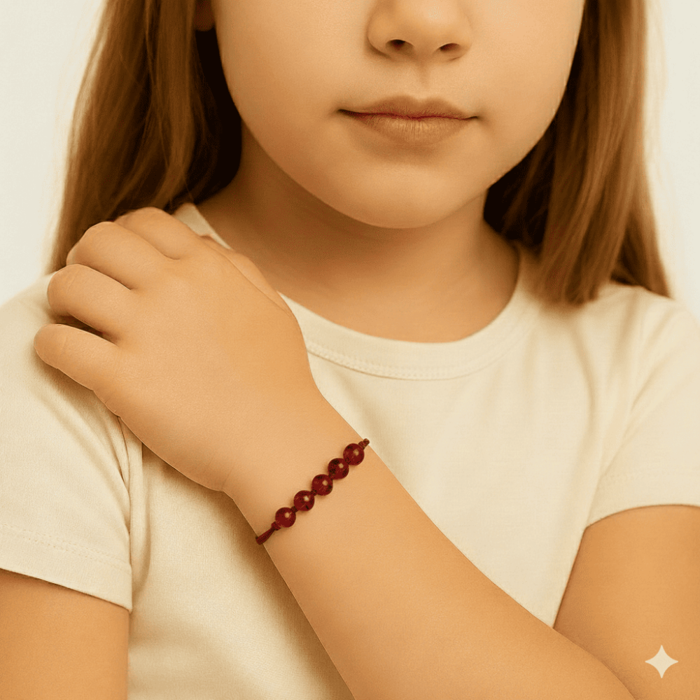 Çocuk Doğal Damla Kehribar Bileklik - Koyu Kırmızı - Küre Kesim - Makrome Örgülü - 2