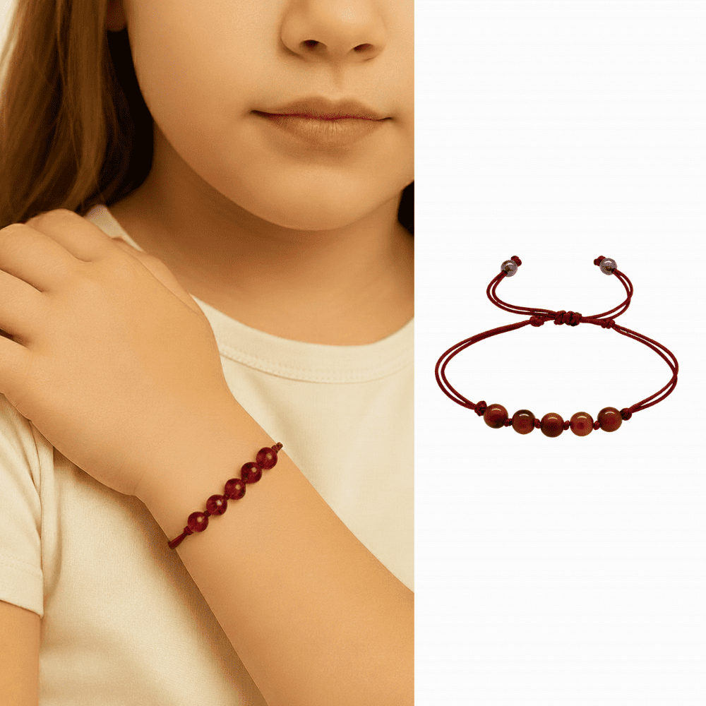 Çocuk Doğal Damla Kehribar Bileklik - Koyu Kırmızı - Küre Kesim - Makrome Örgülü - 1