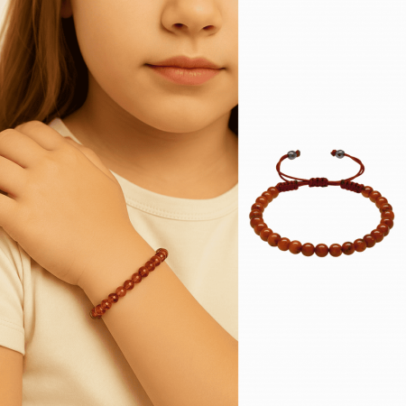 Çocuk Doğal Damla Kehribar Bileklik - Koyu Kırmızı - Makrome Örgülü - Küre Kesim - Tesbihane