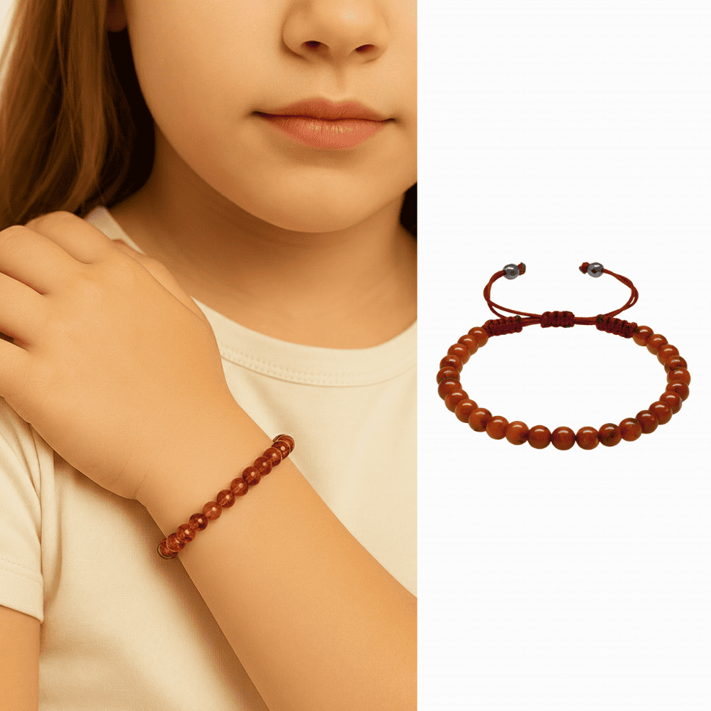 Çocuk Doğal Damla Kehribar Bileklik - Koyu Kırmızı - Makrome Örgülü - Küre Kesim - 1