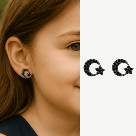 Çocuk Gümüş Küpe - 925 Ayar Gümüş - Ayyıldız Tasarım - Siyah Zirkon Taşlı - Gümüş Renk - Tesbihane