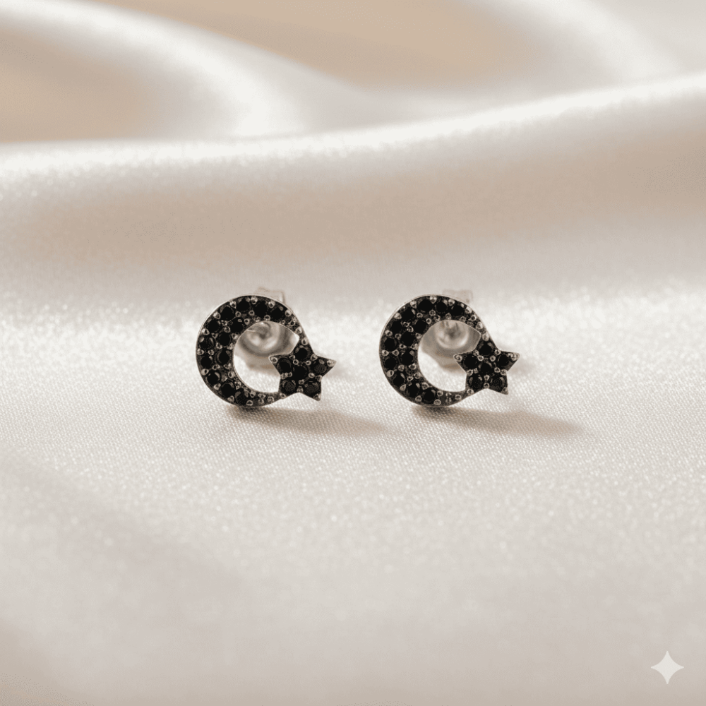 Çocuk Gümüş Küpe - 925 Ayar Gümüş - Ayyıldız Tasarım - Siyah Zirkon Taşlı - Gümüş Renk - 3