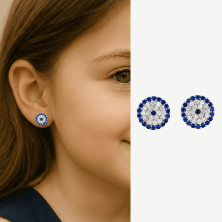 Çoçuk Gümüş Küpe - 925 Ayar Gümüş - Çiçek Tasarım - Gümüş Renk - Mavi Beyaz Zirkon Taşlı - Tesbihane