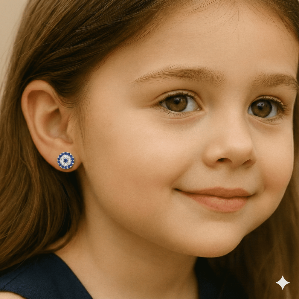 Çoçuk Gümüş Küpe - 925 Ayar Gümüş - Çiçek Tasarım - Gümüş Renk - Mavi Beyaz Zirkon Taşlı - 2