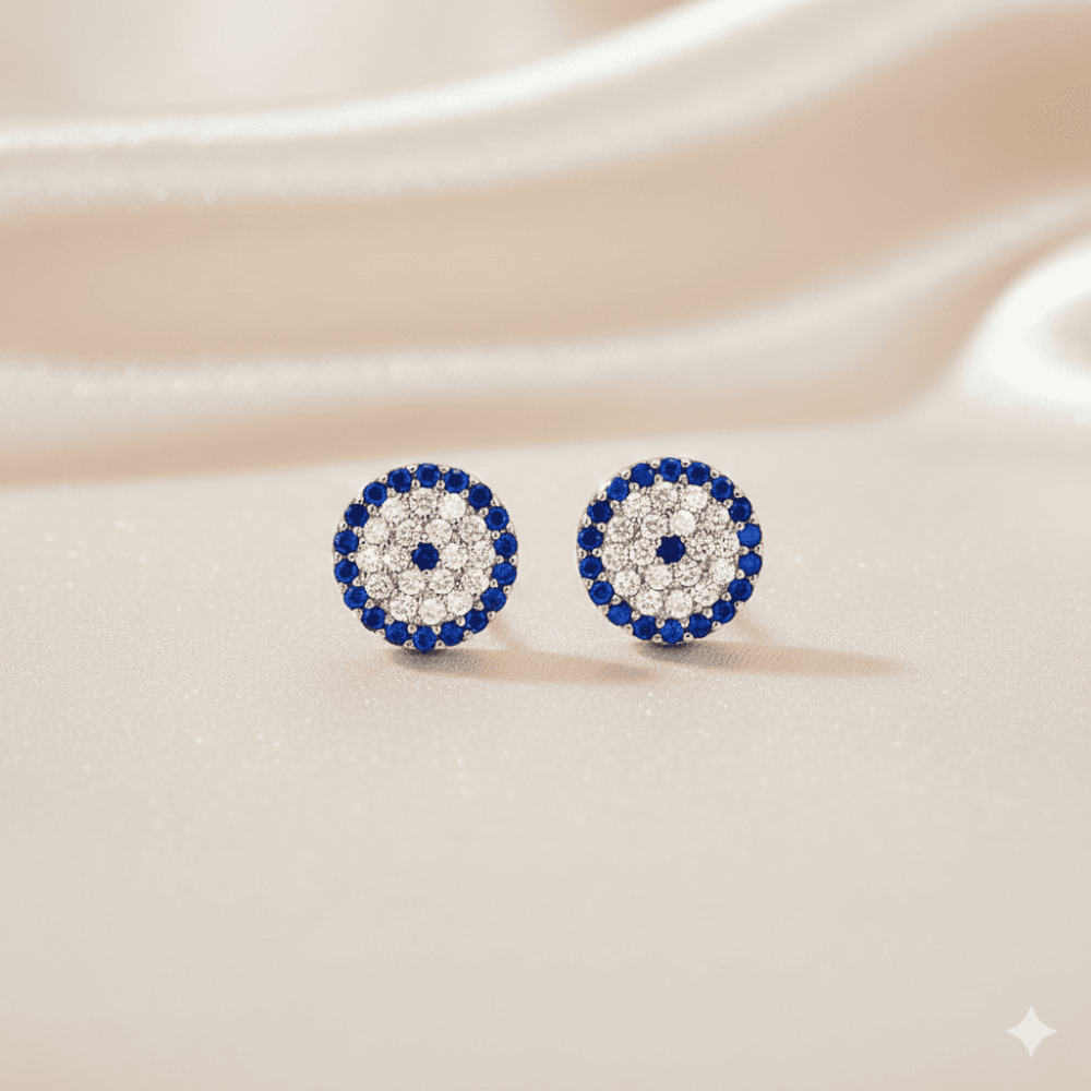 Çoçuk Gümüş Küpe - 925 Ayar Gümüş - Çiçek Tasarım - Gümüş Renk - Mavi Beyaz Zirkon Taşlı - 3