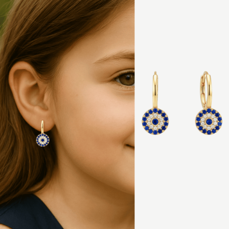 Çoçuk Gümüş Küpe - 925 Ayar Gümüş - Çiçek Tasarım - Mavi Beyaz Zirkon Taşlı - Altın Renk - 