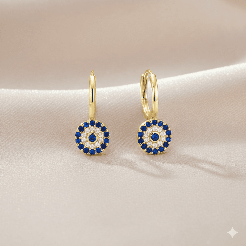 Çoçuk Gümüş Küpe - 925 Ayar Gümüş - Çiçek Tasarım - Mavi Beyaz Zirkon Taşlı - Altın Renk - 3