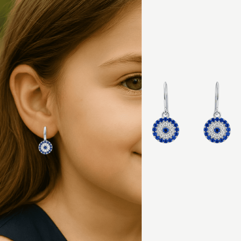 Çoçuk Gümüş Küpe - 925 Ayar Gümüş - Çiçek Tasarım - Mavi Beyaz Zirkon Taşlı - Gümüş Renk - 1