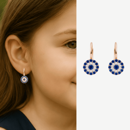 Çoçuk Gümüş Küpe - 925 Ayar Gümüş - Çiçek Tasarım - Mavi Beyaz Zirkon Taşlı - Rose Renk - Tesbihane