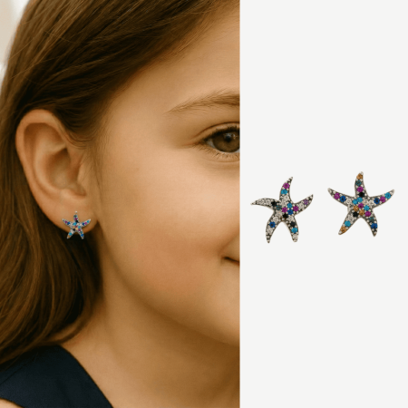 Çocuk Gümüş Küpe - 925 Ayar Gümüş - Yıldız Tasarım - Siyah Zirkon Taşlı - Gümüş Renk - Tesbihane