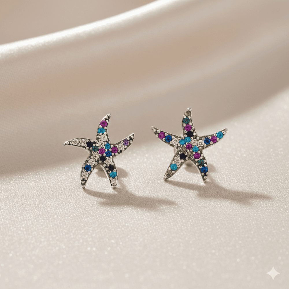 Çocuk Gümüş Küpe - 925 Ayar Gümüş - Yıldız Tasarım - Siyah Zirkon Taşlı - Gümüş Renk - 3