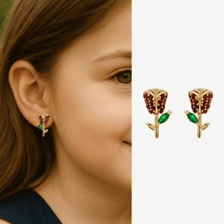 Çocuk Xuping Çelik Küpe - Gül Detaylı - Kırmızı Zirkon Taşlı - Altın Renk - Tesbihane