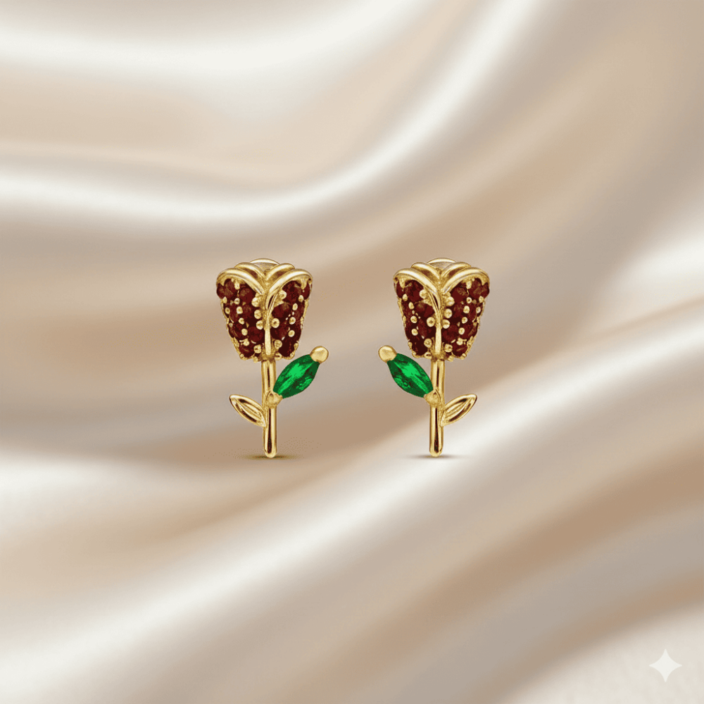 Çocuk Xuping Çelik Küpe - Gül Detaylı - Kırmızı Zirkon Taşlı - Altın Renk - 3