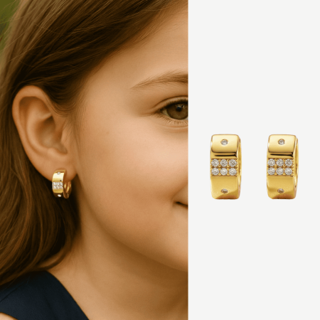 Çocuk Xuping Çelik Küpe - Kalp Detaylı - Beyaz Zirkon Taşlı - Altın Renk - Tesbihane