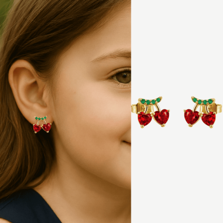 Çocuk Xuping Çelik Küpe - Kalp Detaylı - Kırmızı Zirkon Taşlı - Altın Renk - Tesbihane