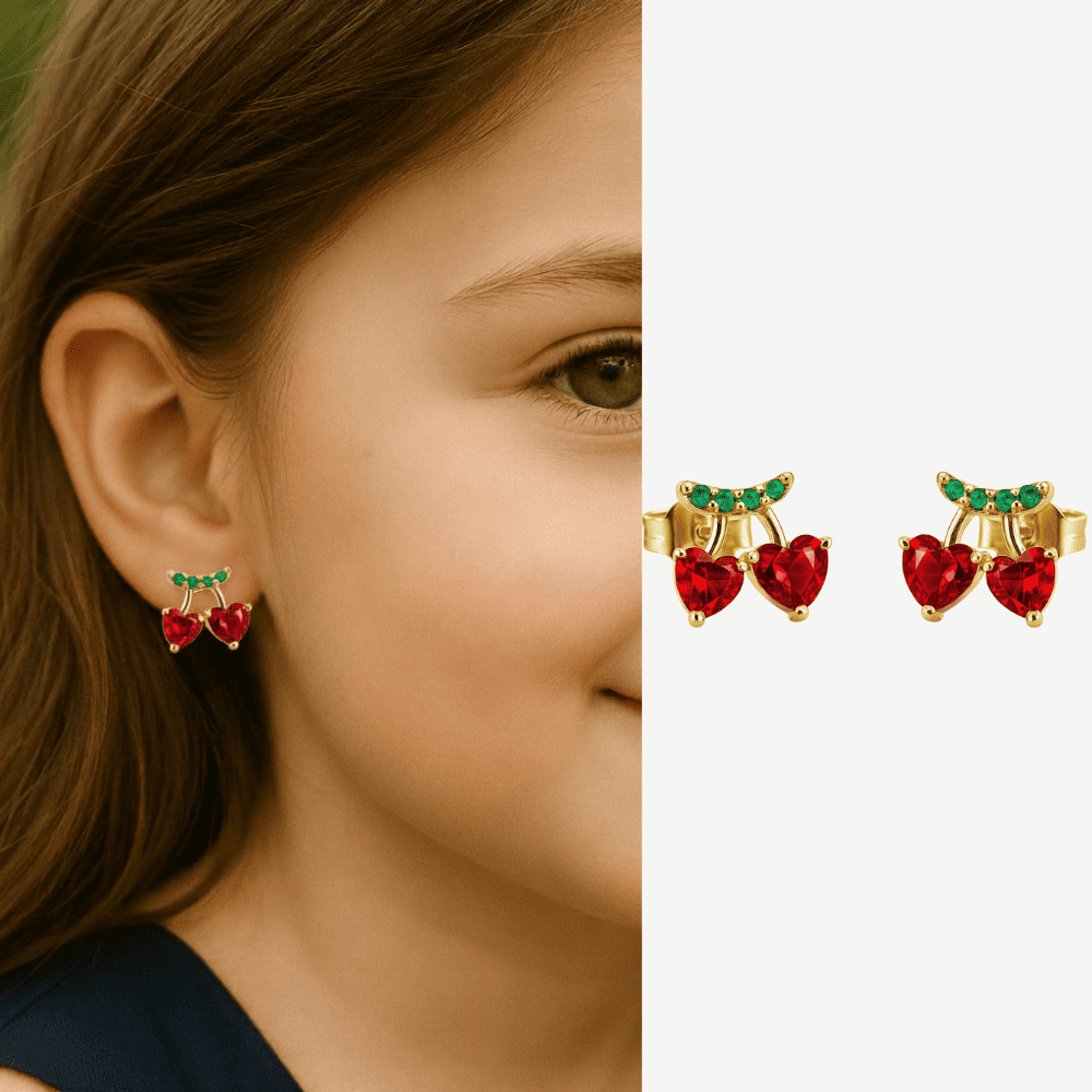 Çocuk Xuping Çelik Küpe - Kalp Detaylı - Kırmızı Zirkon Taşlı - Altın Renk - 1