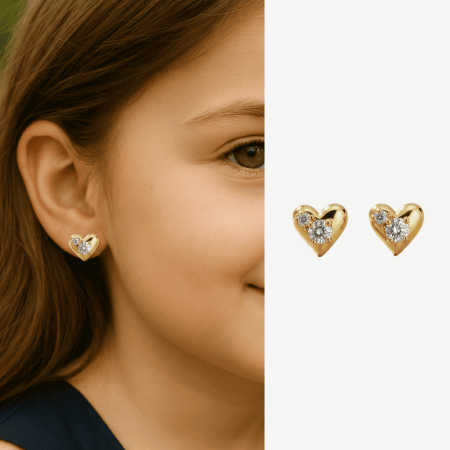 Çocuk Xuping Çelik Küpe - Kalp Tasarım - Beyaz Zirkon Taşlı - Altın Renk - Tesbihane