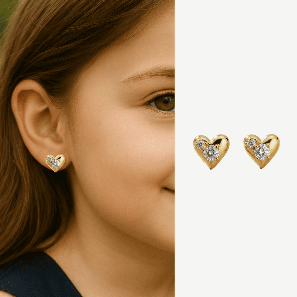 Çocuk Xuping Çelik Küpe - Kalp Tasarım - Beyaz Zirkon Taşlı - Altın Renk - 1