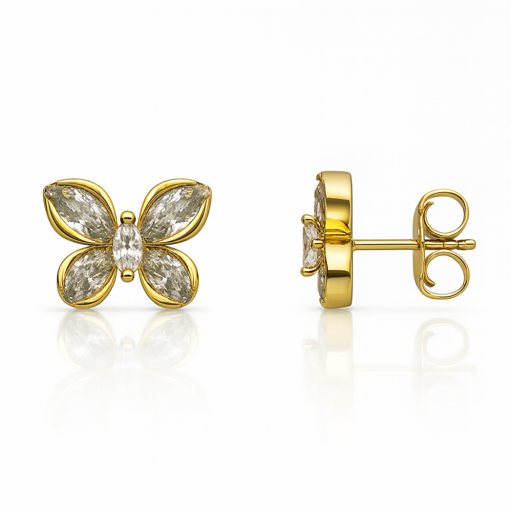 Çocuk Xuping Çelik Küpe - Kelebek Tasarım - Beyaz Zirkon Taşlı - Altın Renk - 1