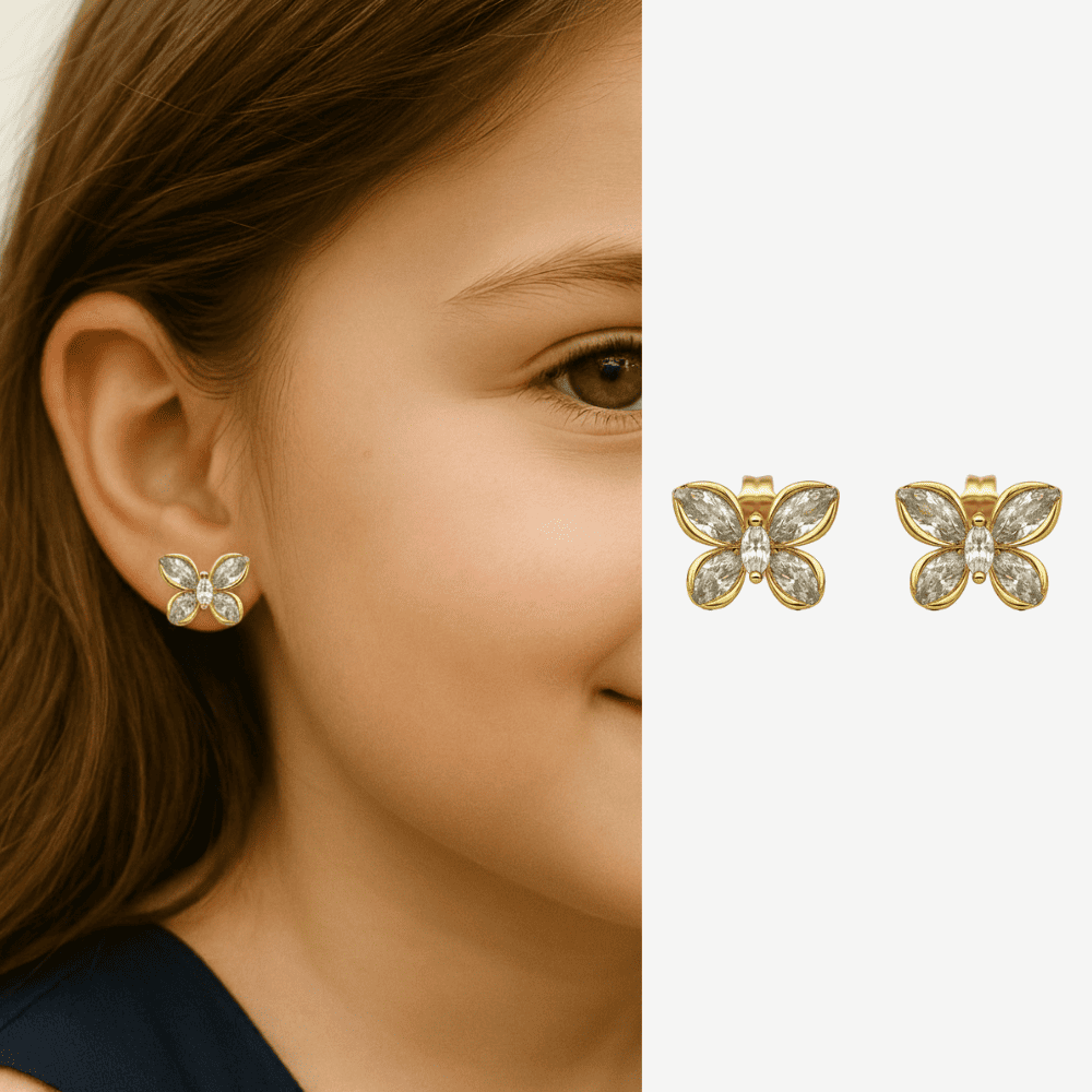 Çocuk Xuping Çelik Küpe - Kelebek Tasarım - Beyaz Zirkon Taşlı - Altın Renk - 1