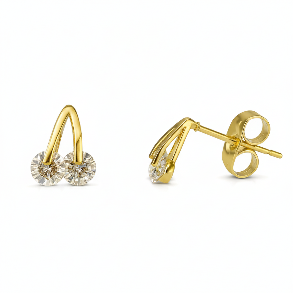 Çocuk Xuping Çelik Küpe - Kiraz Detaylı - Beyaz Zirkon Taşlı - Altın Renk - 1