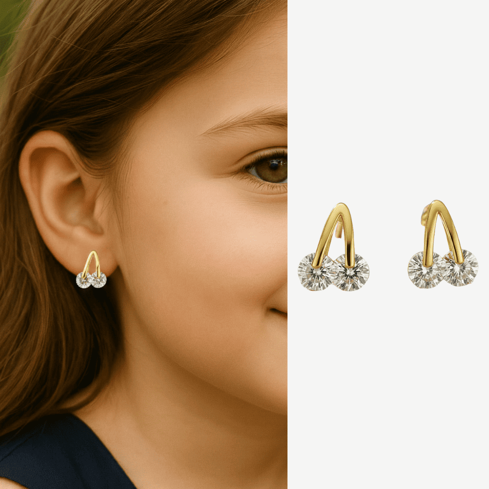 Çocuk Xuping Çelik Küpe - Kiraz Detaylı - Beyaz Zirkon Taşlı - Altın Renk - 1