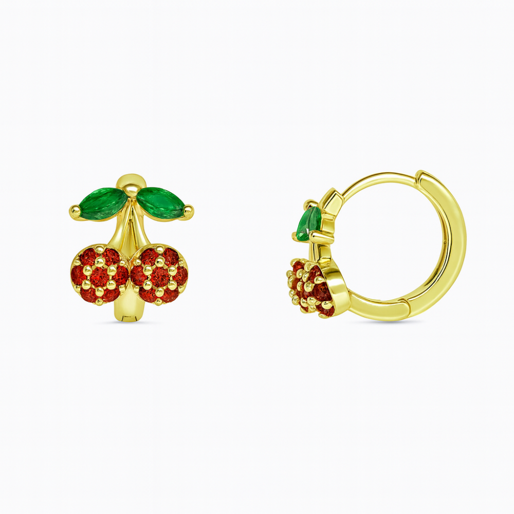 Çocuk Xuping Çelik Küpe - Kiraz Detaylı - Kırmızı Zirkon Taşlı - Altın Renk - 1