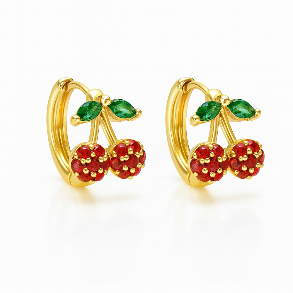 Çocuk Xuping Çelik Küpe - Kiraz Detaylı - Kırmızı Zirkon Taşlı - Altın Renk - 2