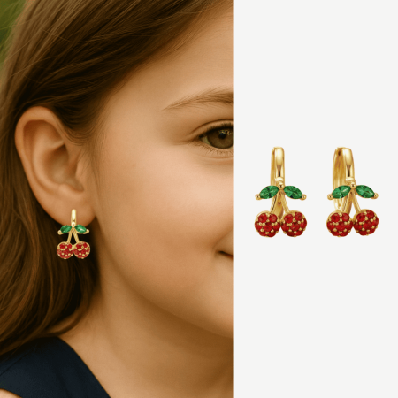 Çocuk Xuping Çelik Küpe - Kiraz Detaylı - Kırmızı Zirkon Taşlı - Altın Renk - Tesbihane